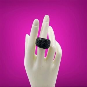 Stunning Rhodium Over Sterling Silver and Black Spinel Crystal Dome Ring NWT